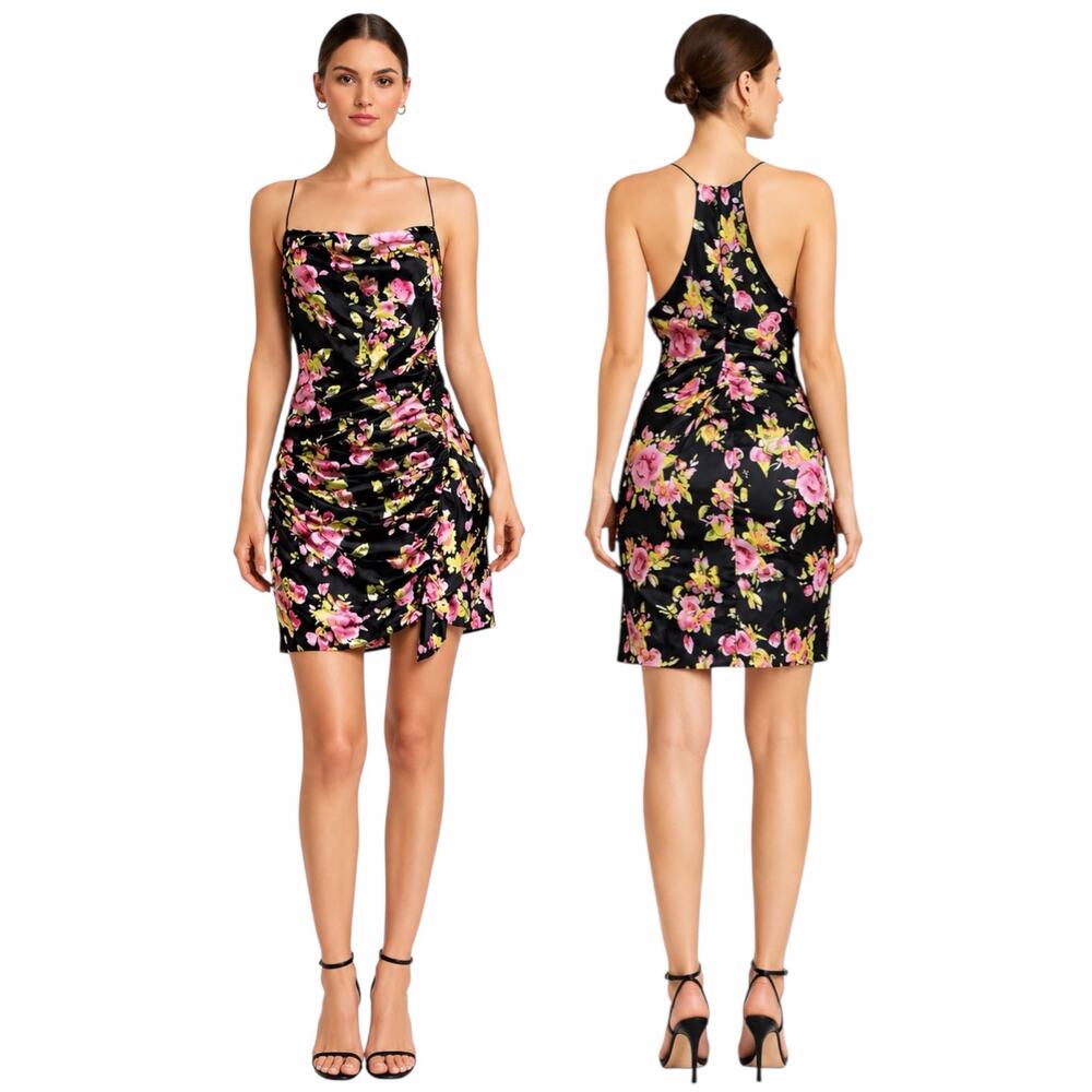 Likely Asta Floral Print Satin Mini Dress Ruffle Side Ruch Size 6 - Picture 2 of 12